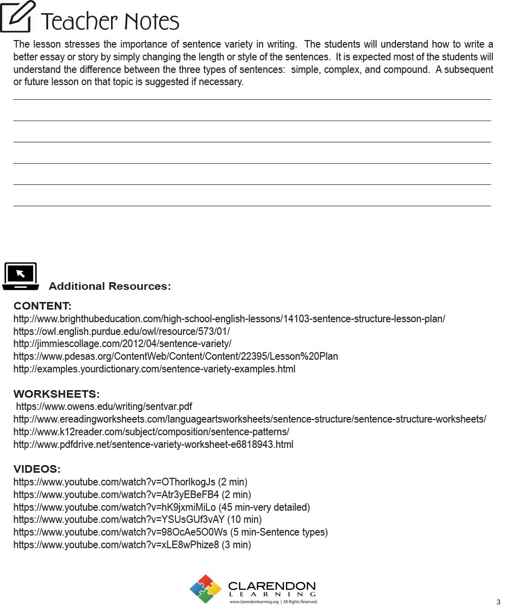 Sentence Variety Lesson Plan