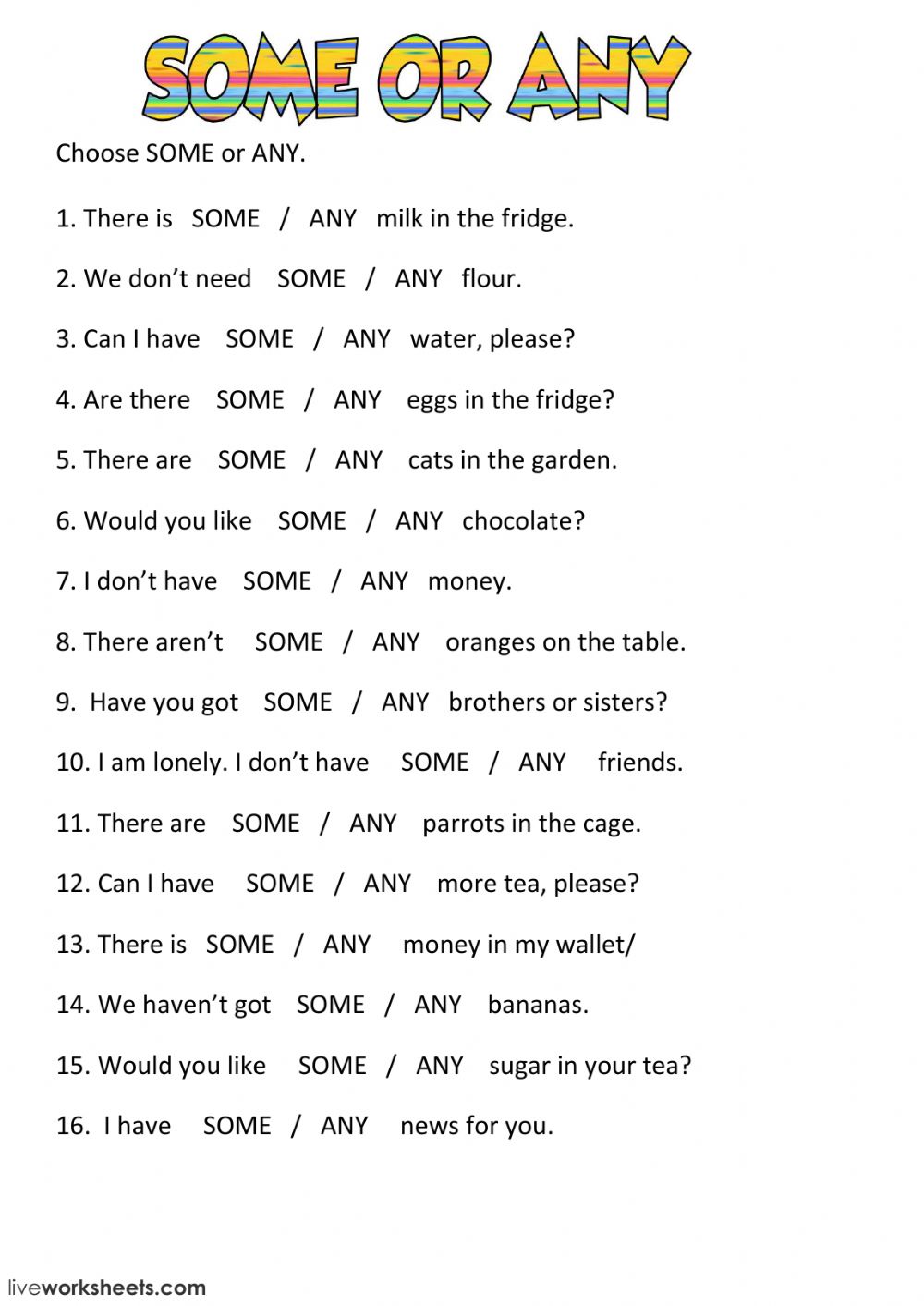 Some Or Any Interactive Worksheet