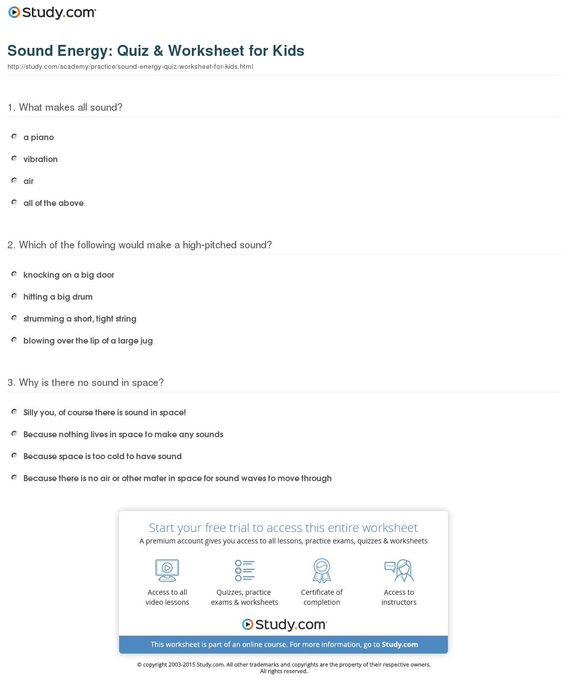 Sound Energy  Quiz & Worksheet For Kids