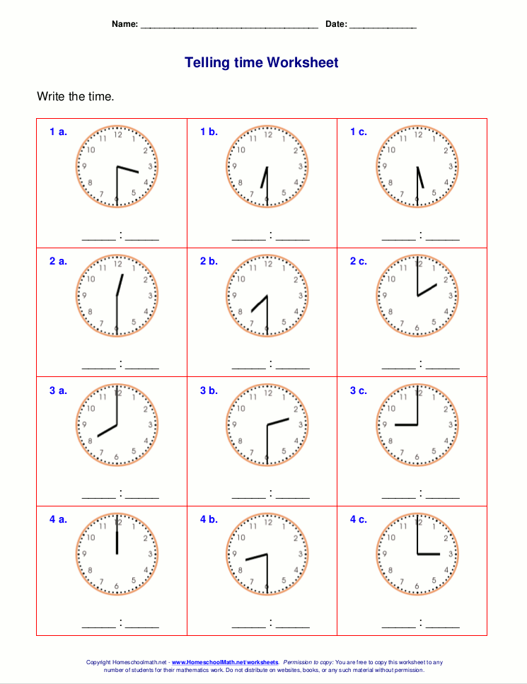 Time To The Half Hour Worksheets For First Grade