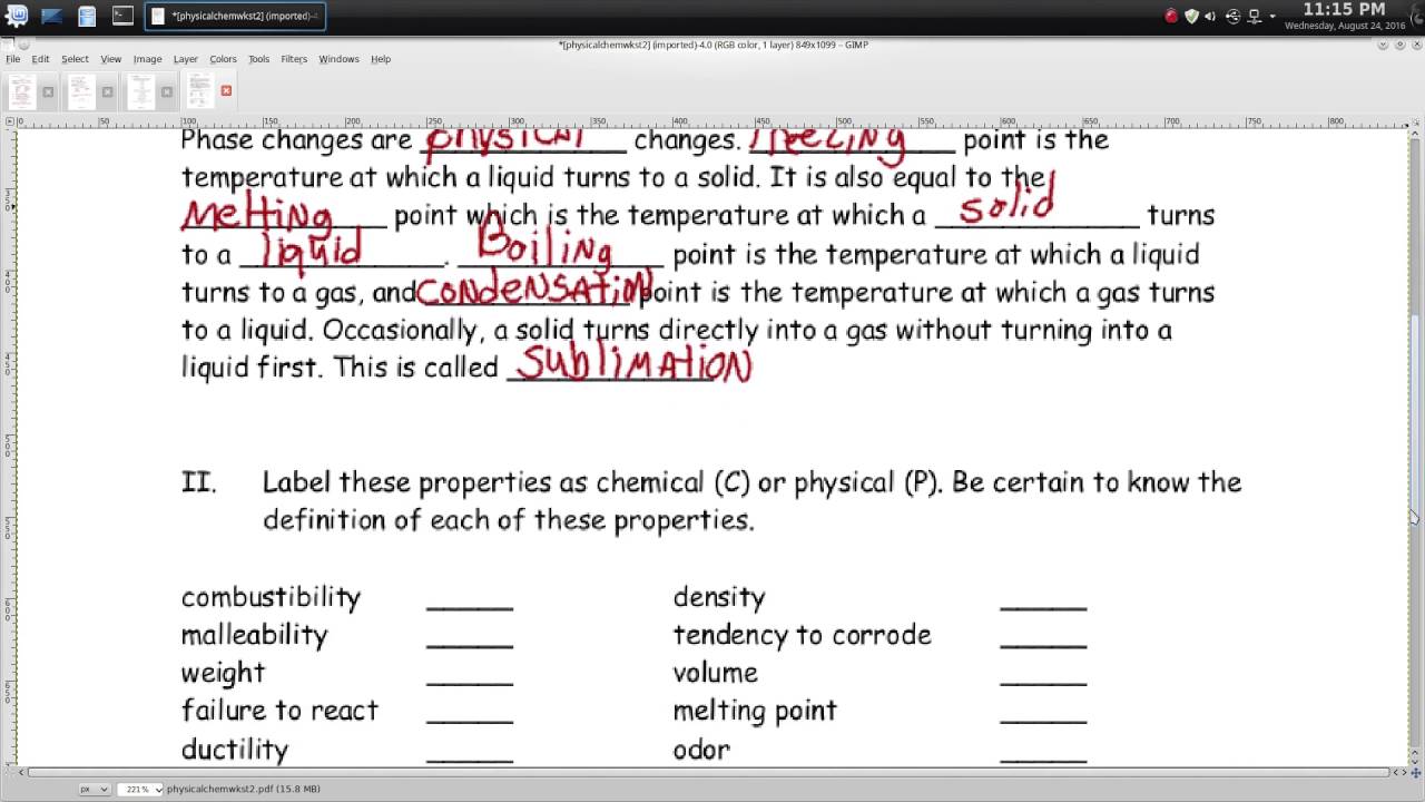 Worksheets On Chemical Vs Physical Properties And Changes Answers