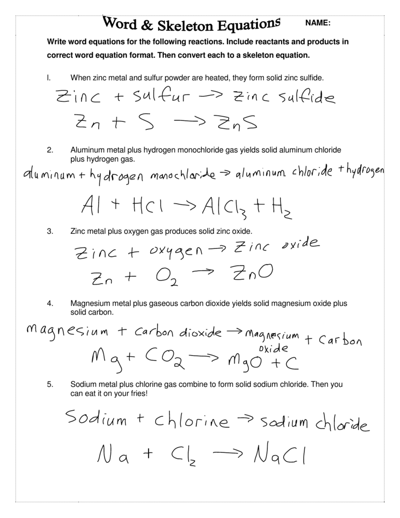 Write Word Equations For The Following Reactions  Include Reactants