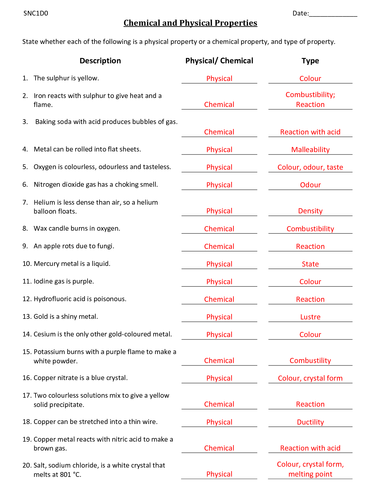 39 Physical And Chemical Properties And Changes Worksheet Answers