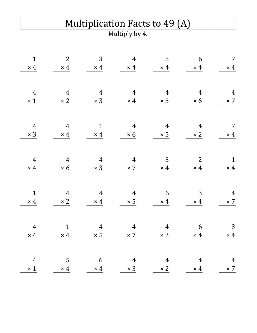 Multiplication 4 Times Table Worksheet