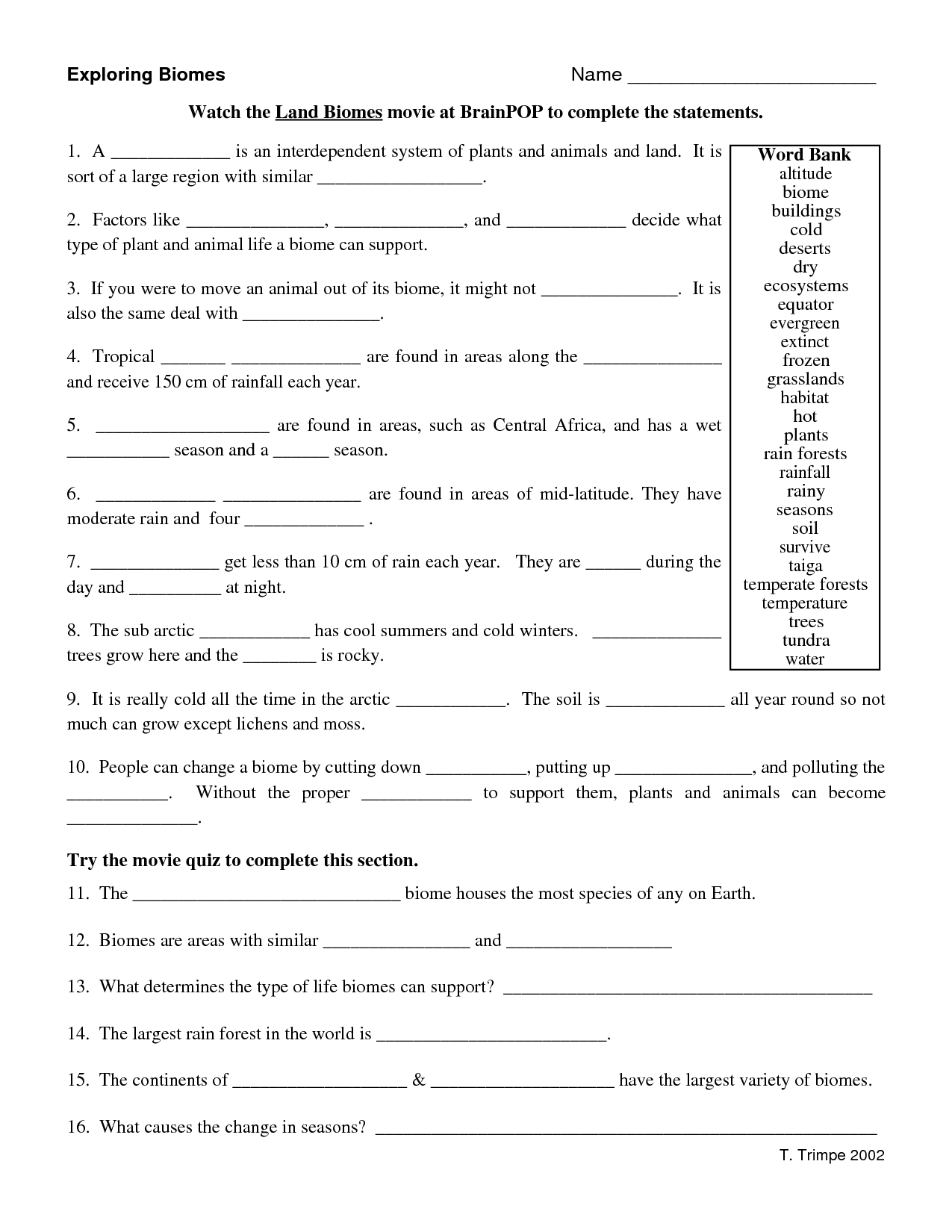 Biome Types Quiz Worksheet For Kids Study Com