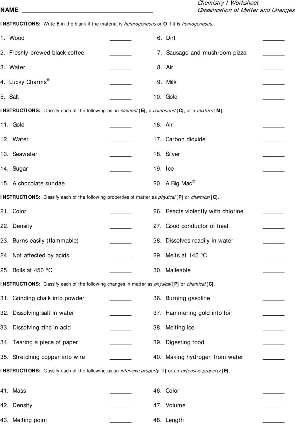 Chemistry 1 Worksheet Classification Of Matter And Changes Key