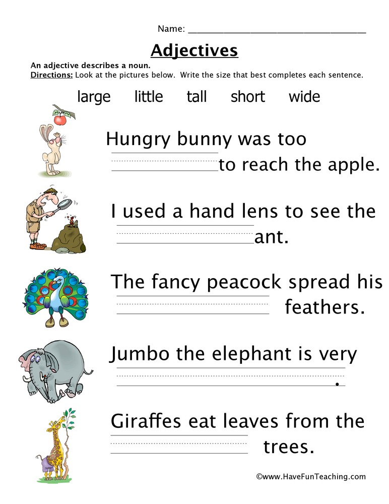 Adjectives Printable Worksheet Pack Kindergarten First Second Grade Noun Adjective Verb
