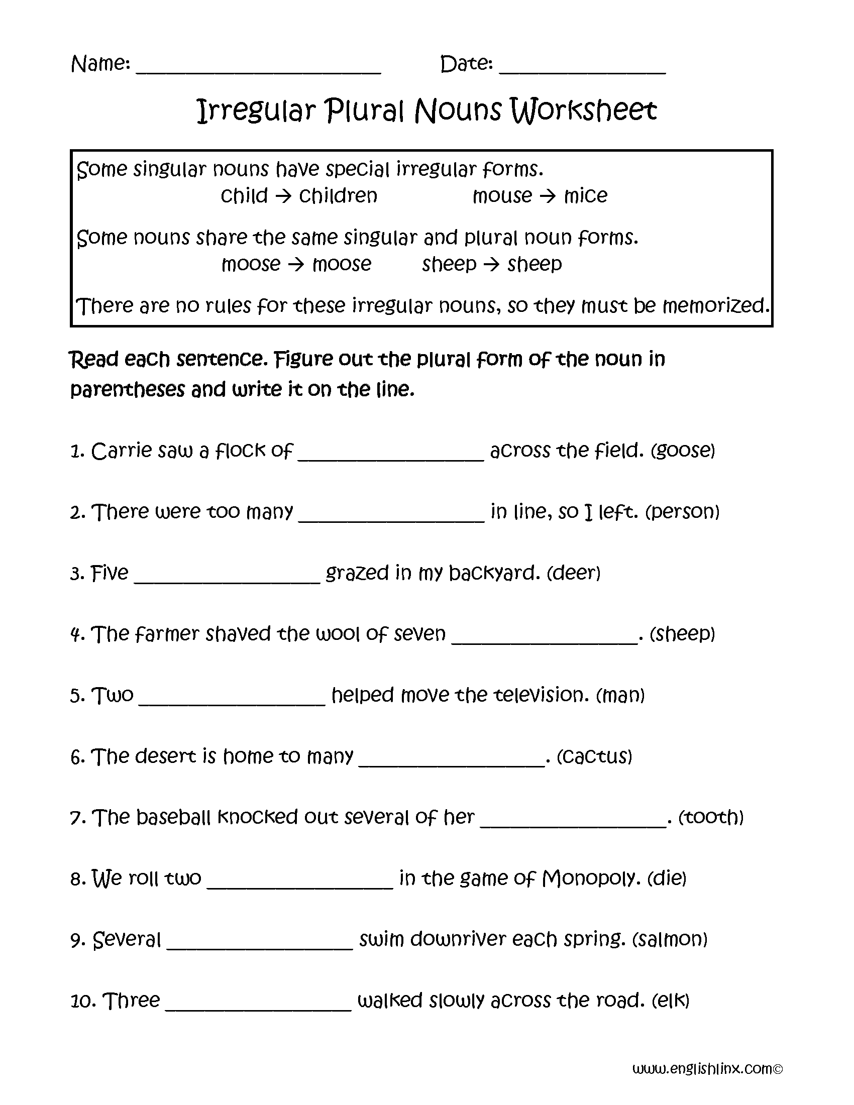 Collection Of Irregular Plural Nouns Worksheet For 3rd Grade
