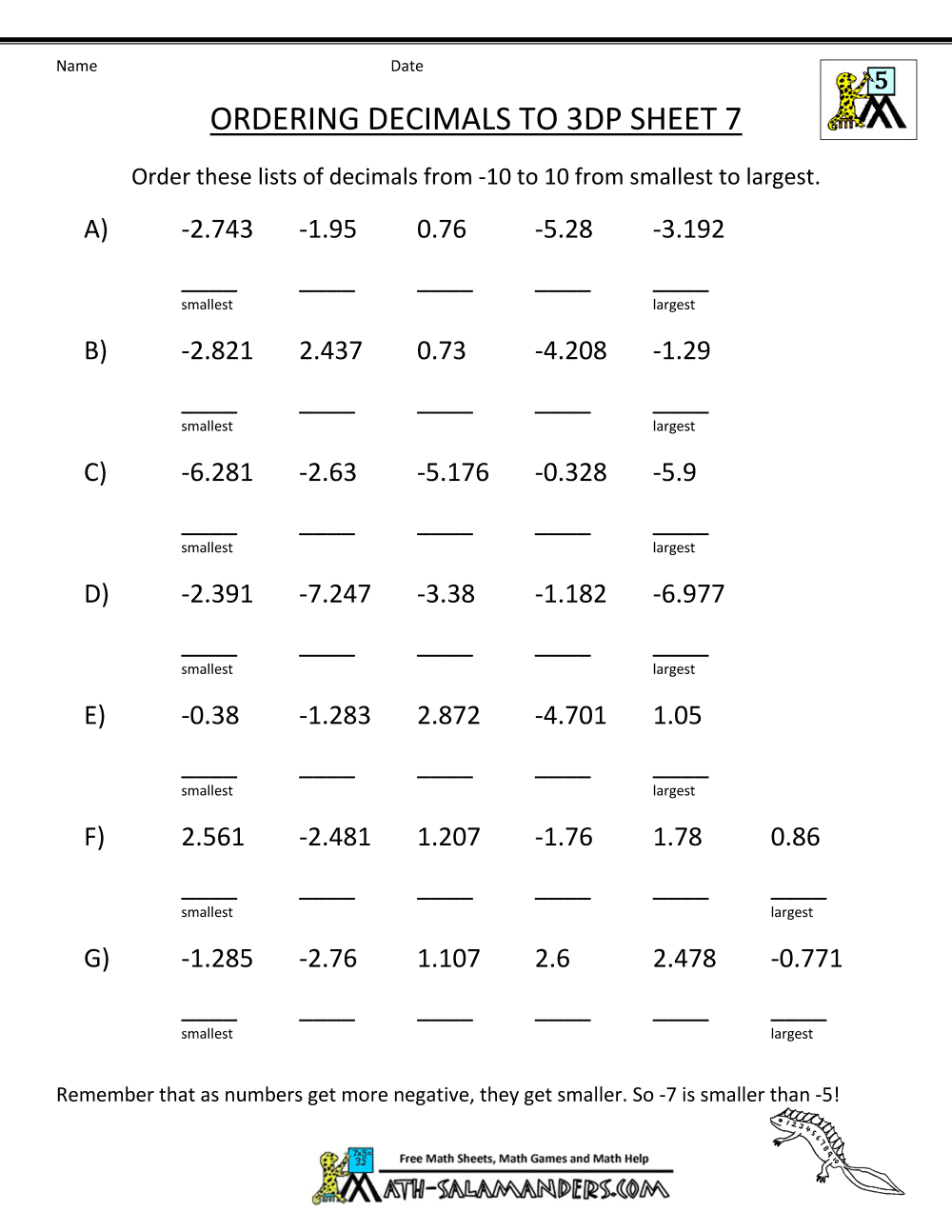 decimal worksheets grade 7