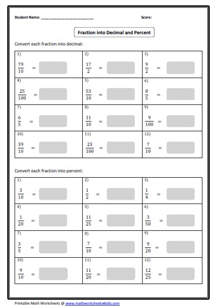 Collection Of Math Worksheets Percents Fractions Decimals
