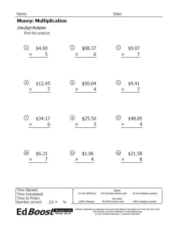 Collection Of Multiplication Worksheets Using Money