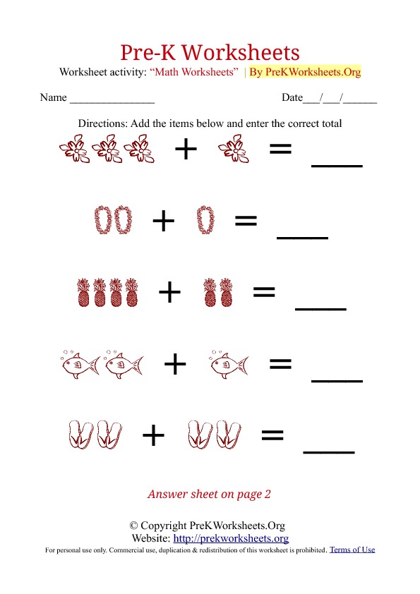 Collection Of Printable Math Worksheets For Pre K