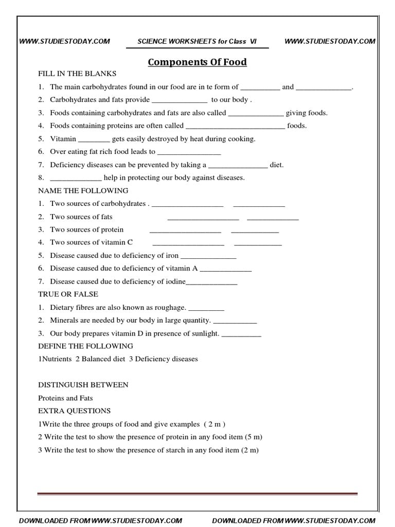 Collection Of Worksheet On Energy Giving Food