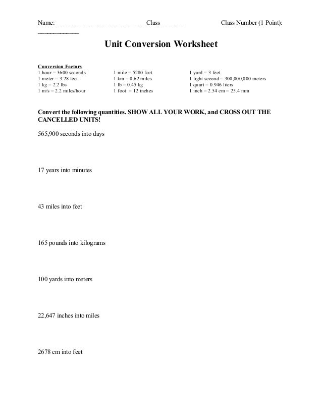 Conversion Factors Worksheet 116396