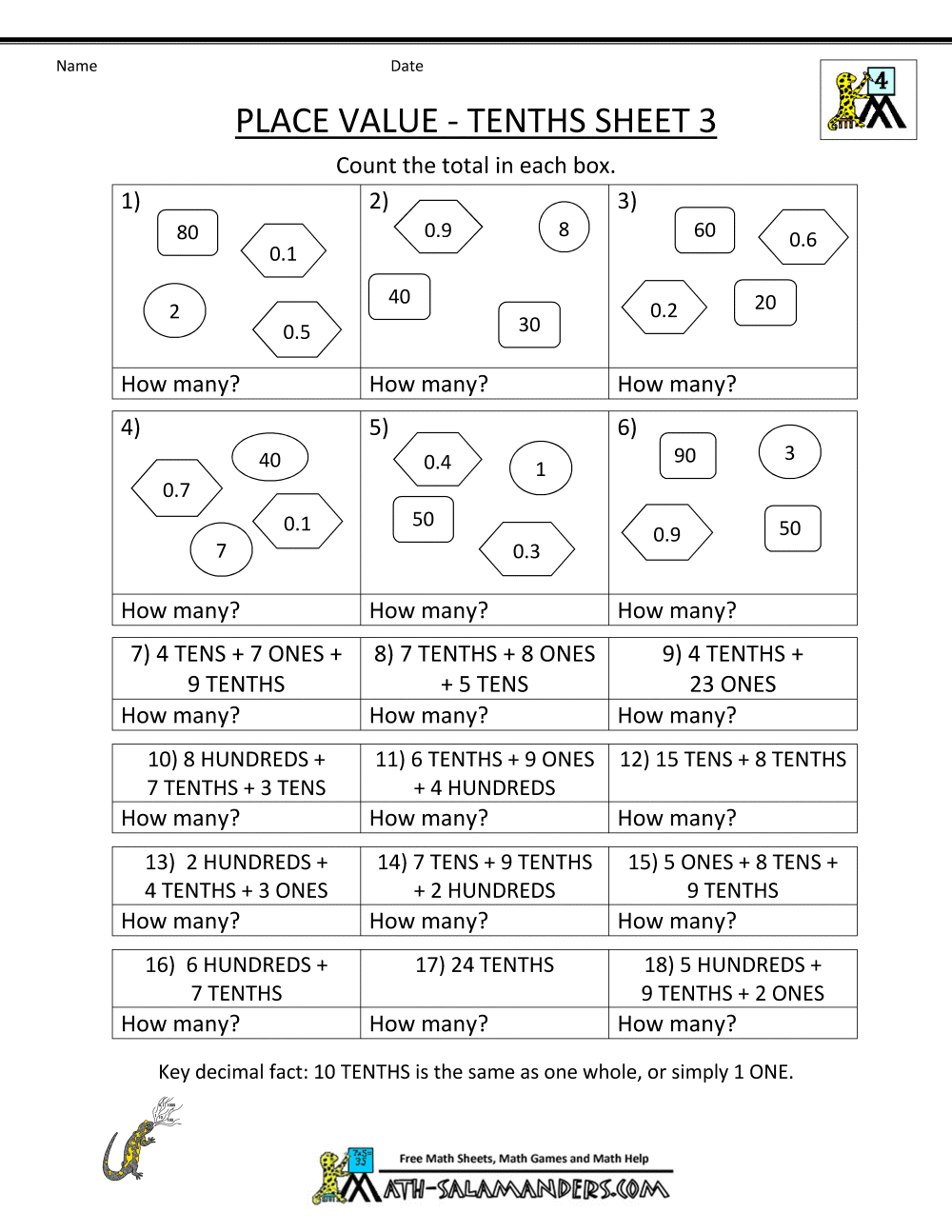 Decimal Place Value Worksheets 4th Grade Decimals Free Math Ten