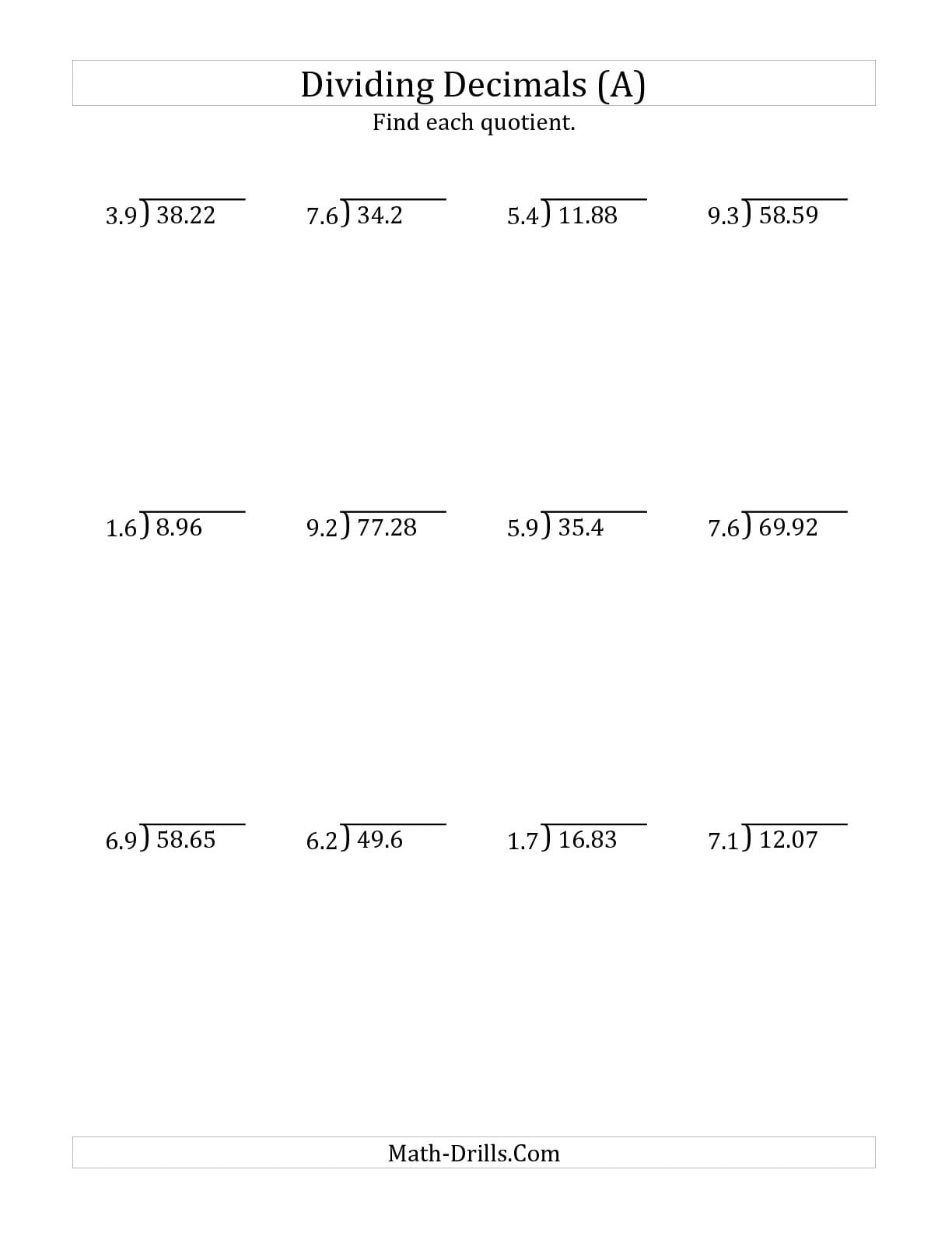 Dividing Decimals By Whole Numbers Worksheet Grade 6