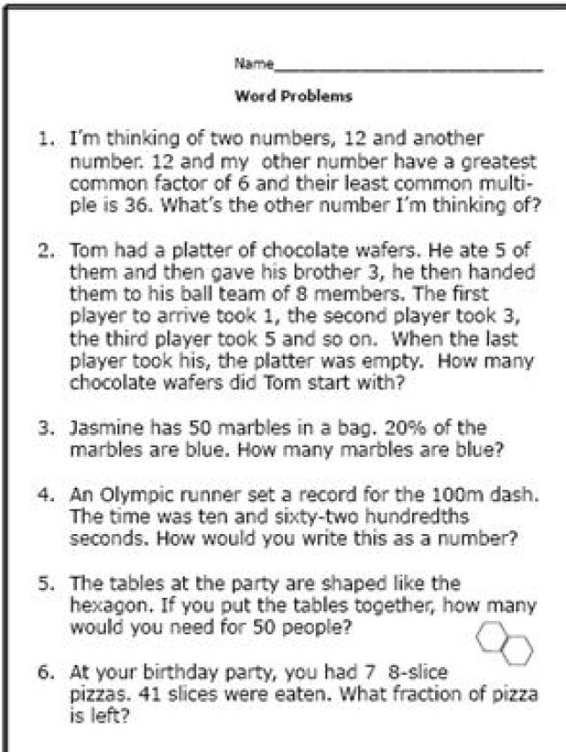 Free Math Worksheets Word Problems 6th Grade 83952
