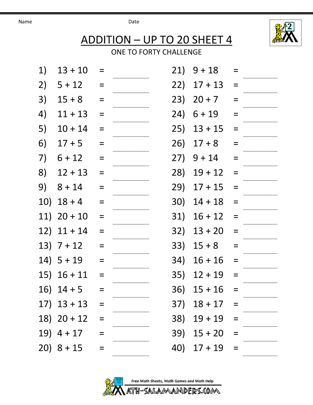 Free Printable Addition Worksheets Mental Addition To 20 4