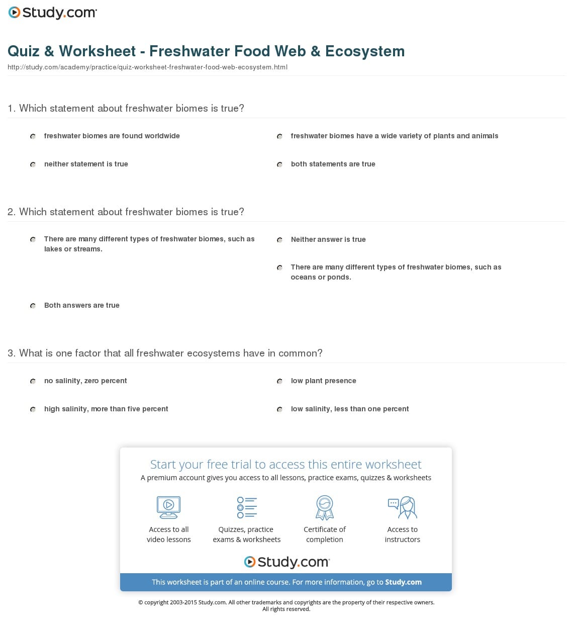 Freshwater Ecosystem Worksheet Answers