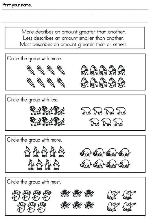 Kindergarten Worksheets More Less 156015