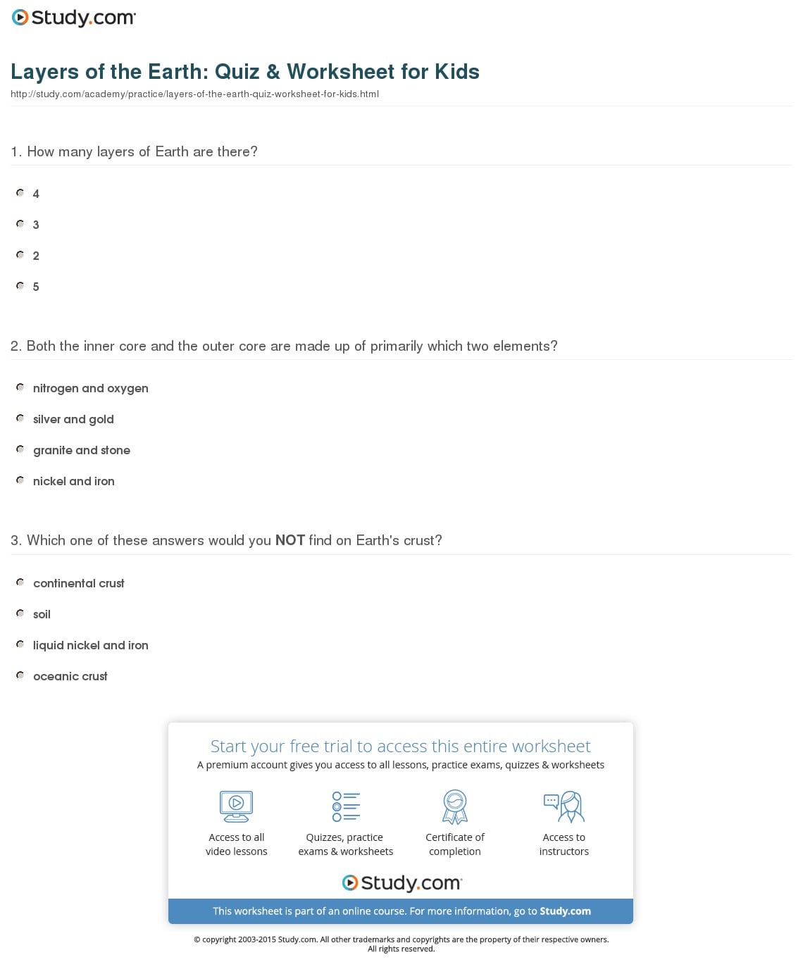 Layers Of The Earth  Quiz & Worksheet For Kids