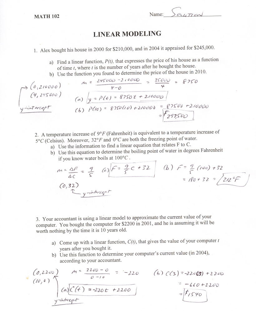 Linear Modeling Worksheet Answers