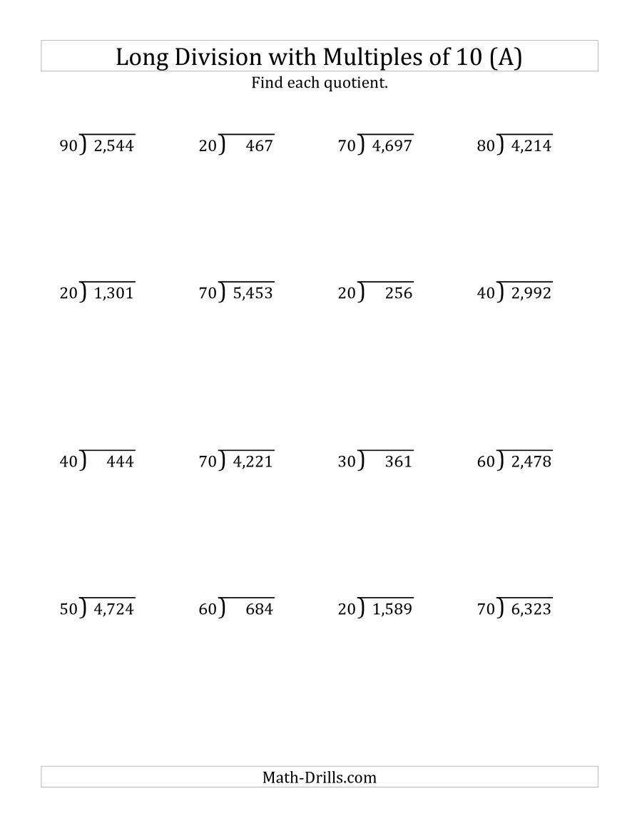 Long Division By Multiples Of 10 With Remainders (a)