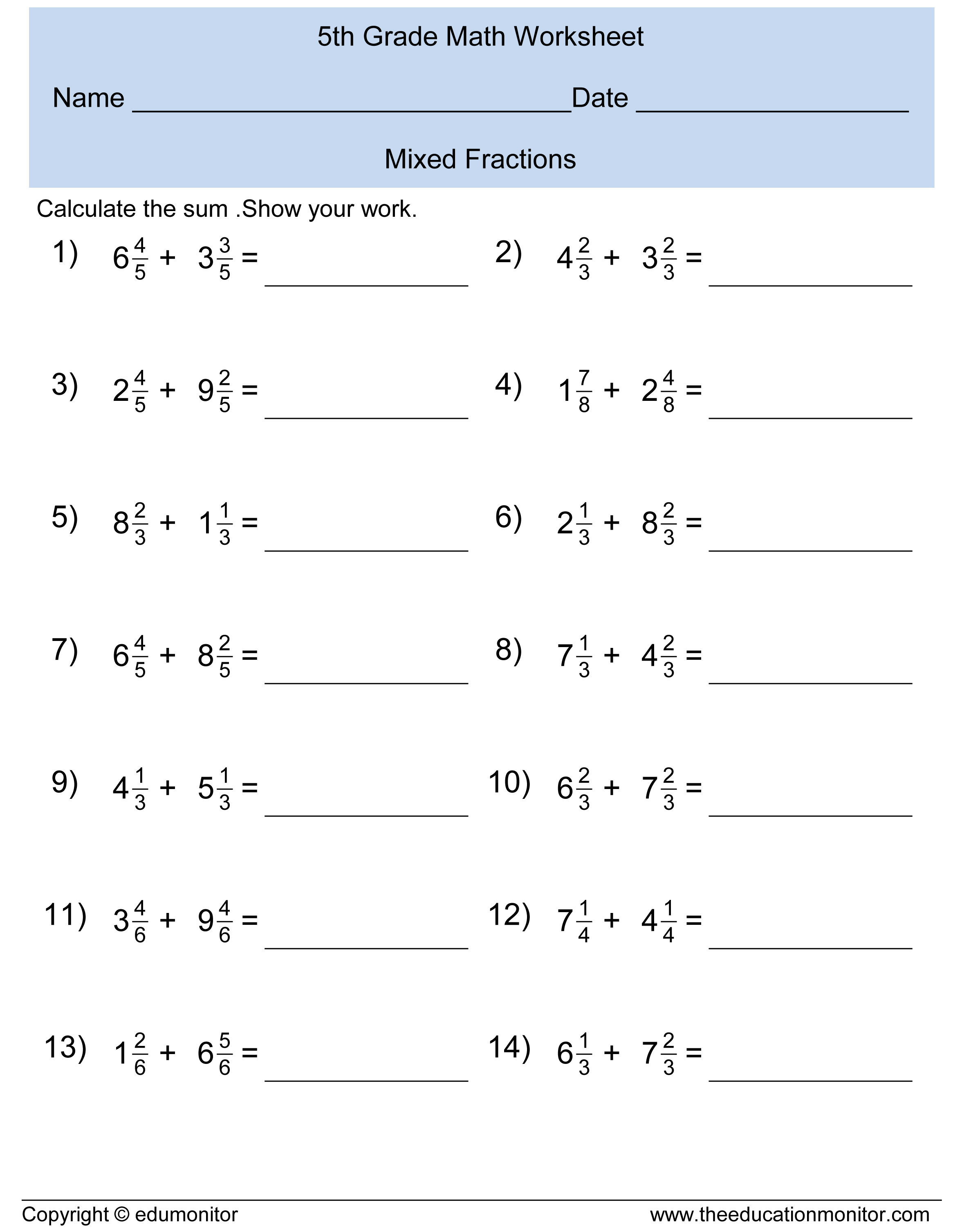 Math Worksheets For Grade 5 Fractions 109260