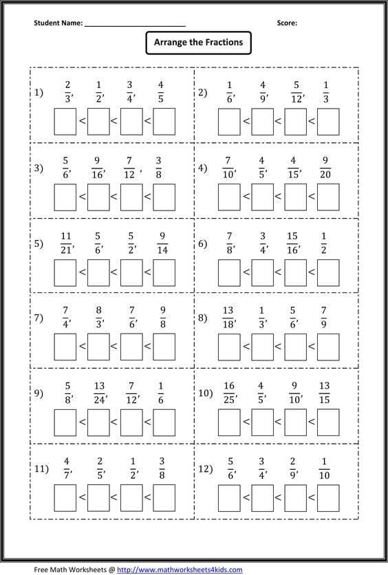 Math Worksheets Ordering Fractions 334142