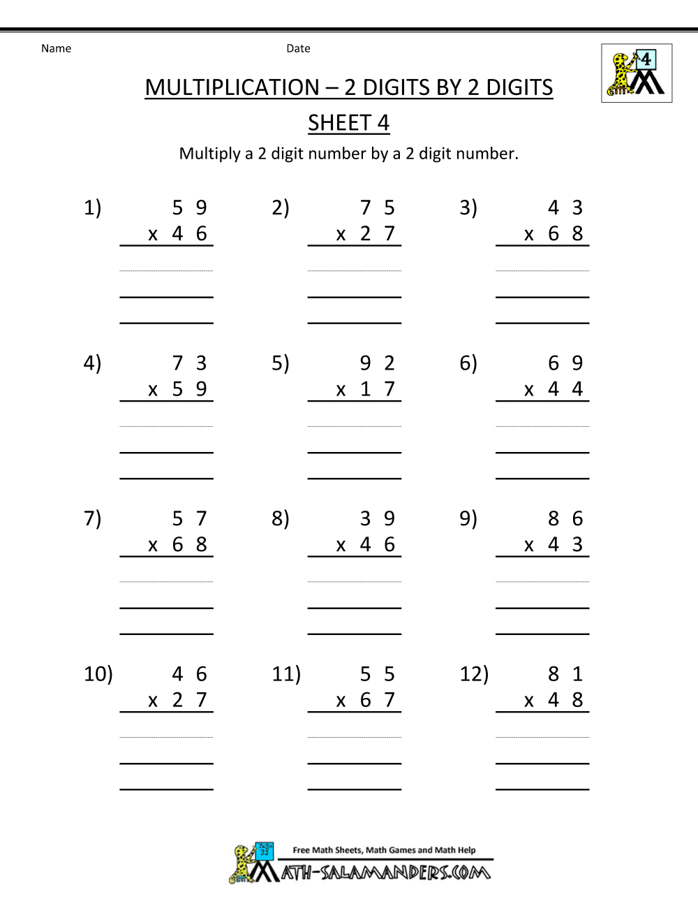 Math Worksheets Printable Multiplication 2 Digits By 2 Digits 4