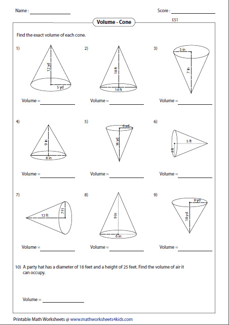 Math Worksheets Volume Of Pyramids And Cones 847924