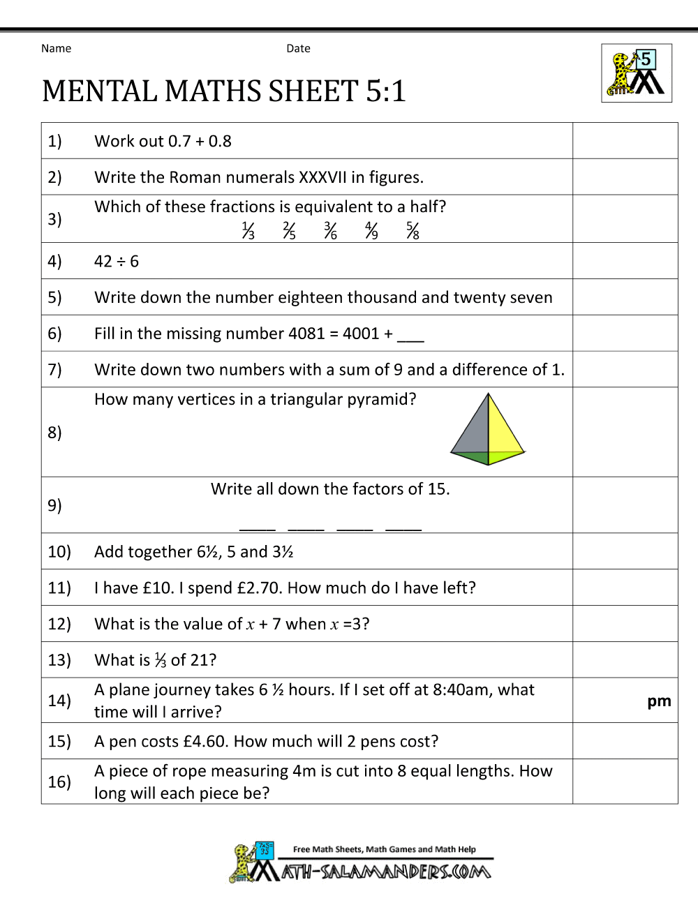 Mental Maths Practise Year 5 Worksheets