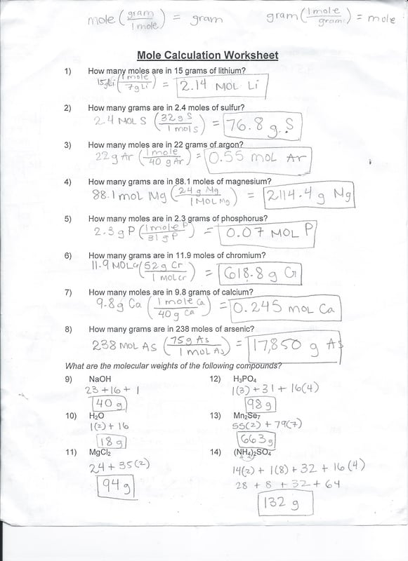 Mole Calculation Worksheet Answers Math Best For Shape Patterns