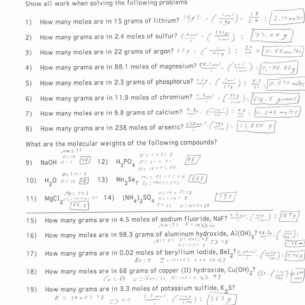 Mole Calculation Worksheets Answers