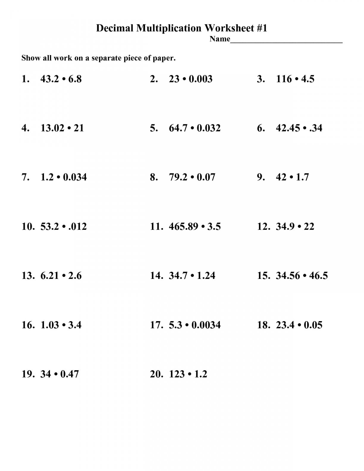 Multiplying And Dividing Decimals Worksheets For 6th Grade The