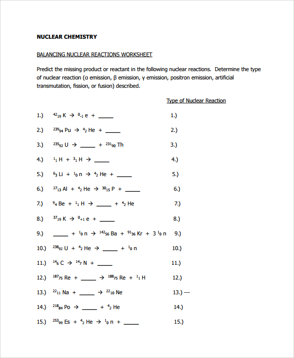 Nuclear Equations Worksheet With Answers