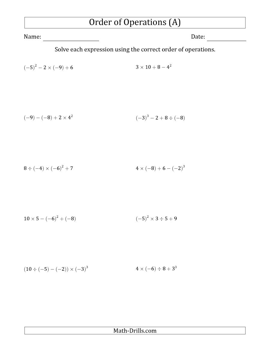 Order Of Operations With Negative And Positive Integers (four