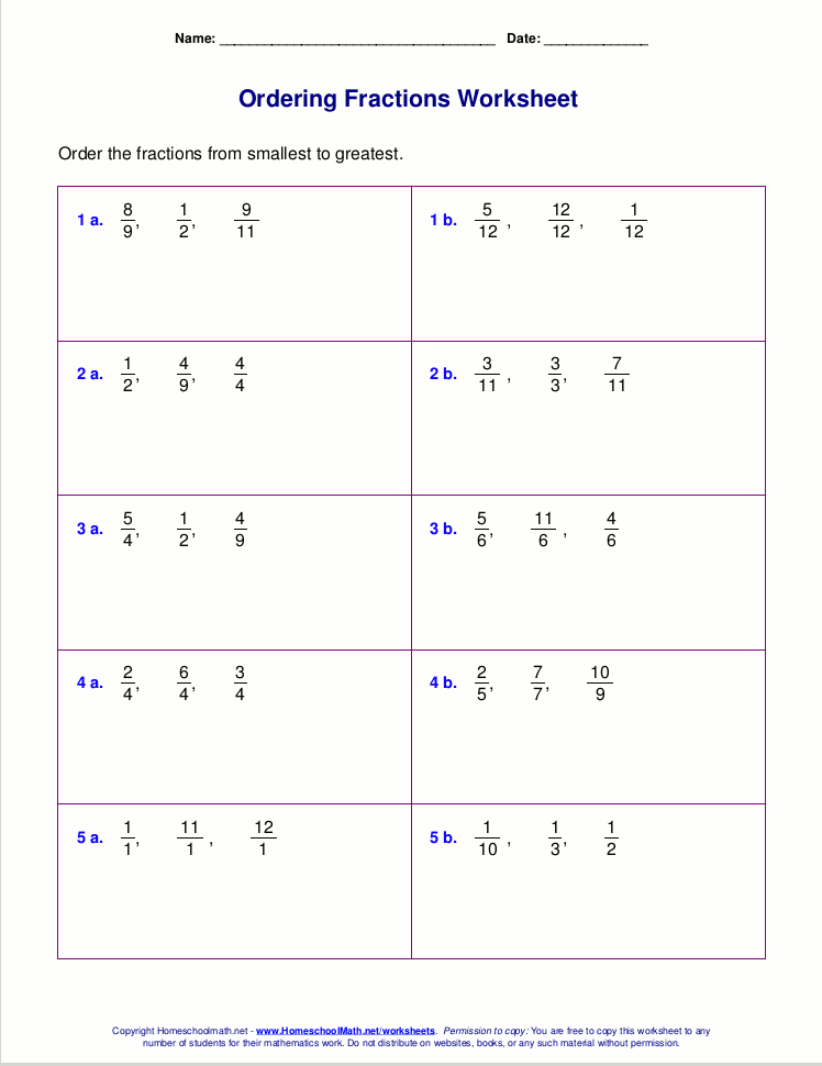 Ordering Fractions Worksheet For 4th Grade 148273