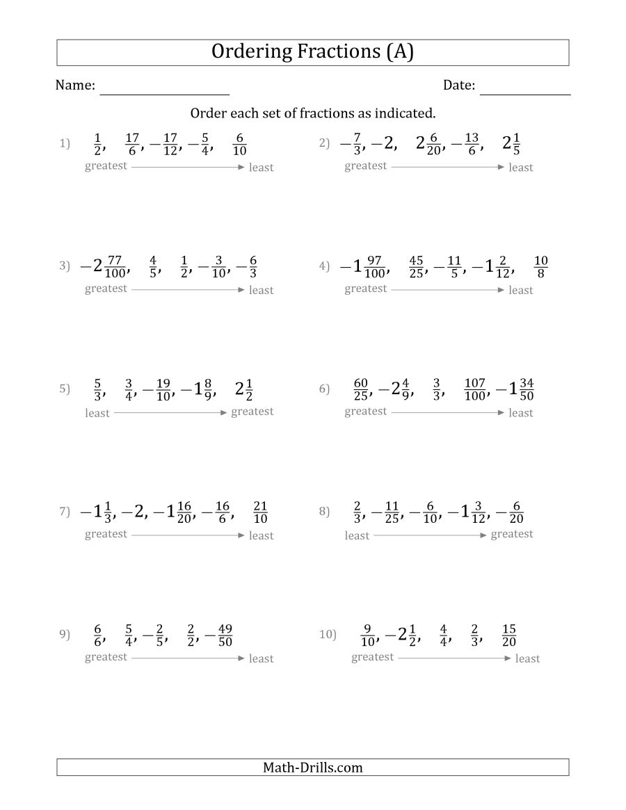 Ordering Sets Of 5 Positive And Negative Fractions With Improper