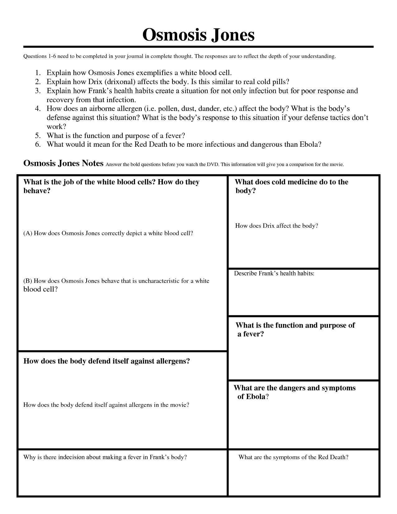 Osmosis Jones Worksheet Answer Key
