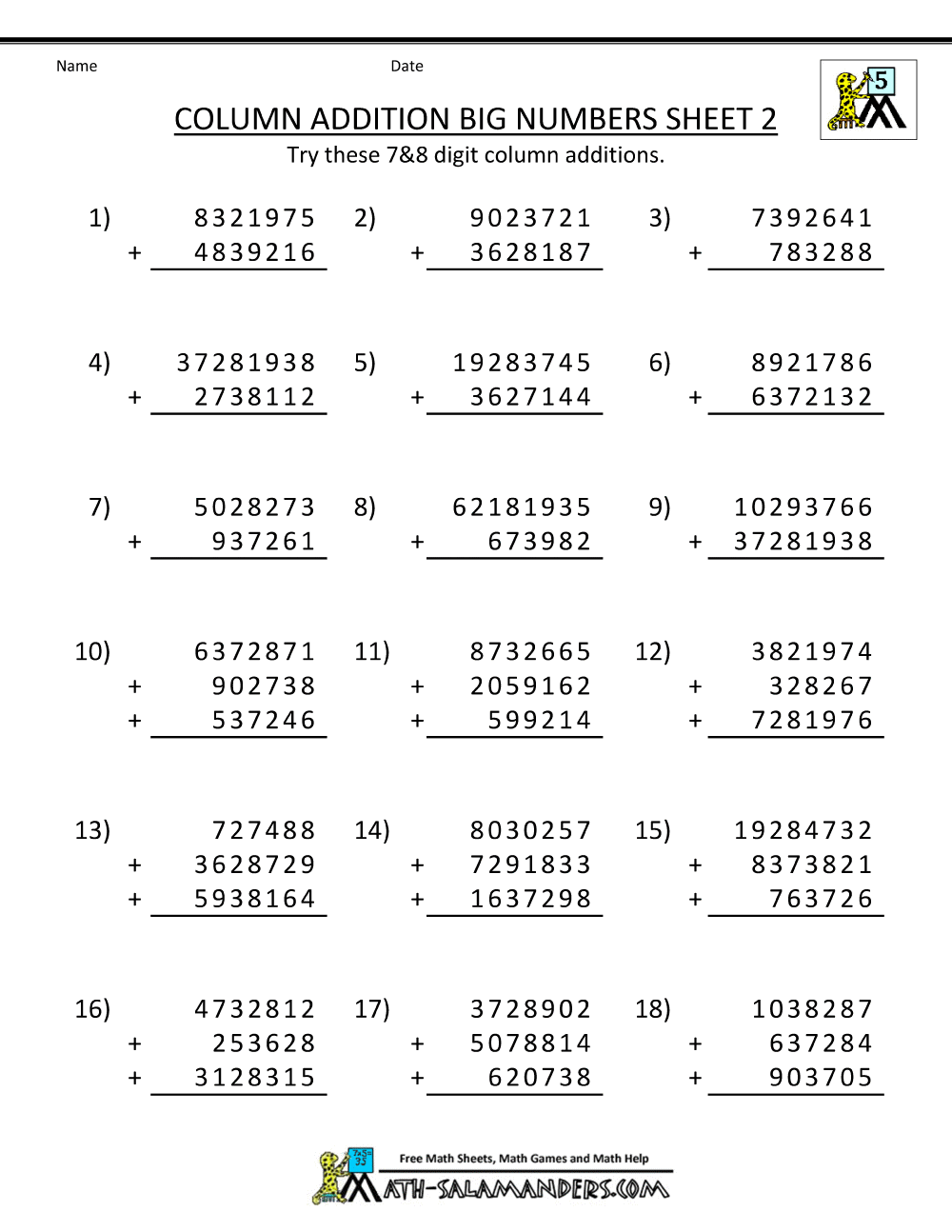 Printable Addition Worksheets 5th Grade