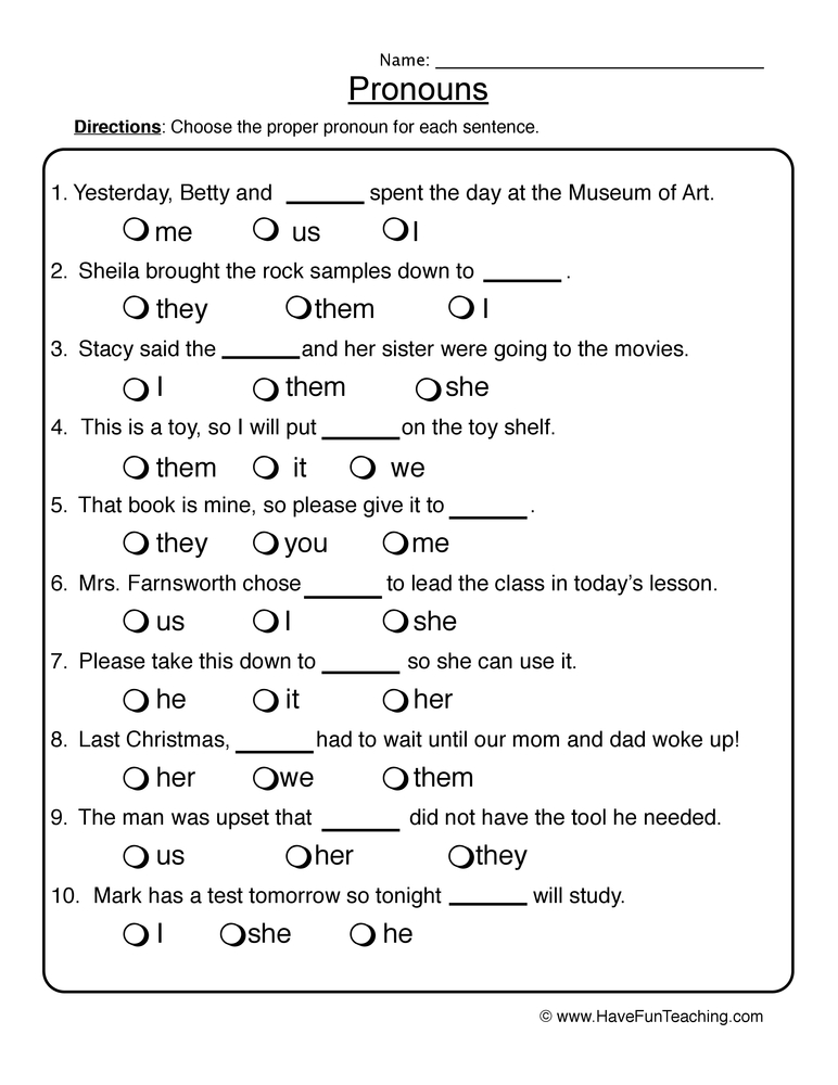 Pronouns Worksheet For Kids 243085