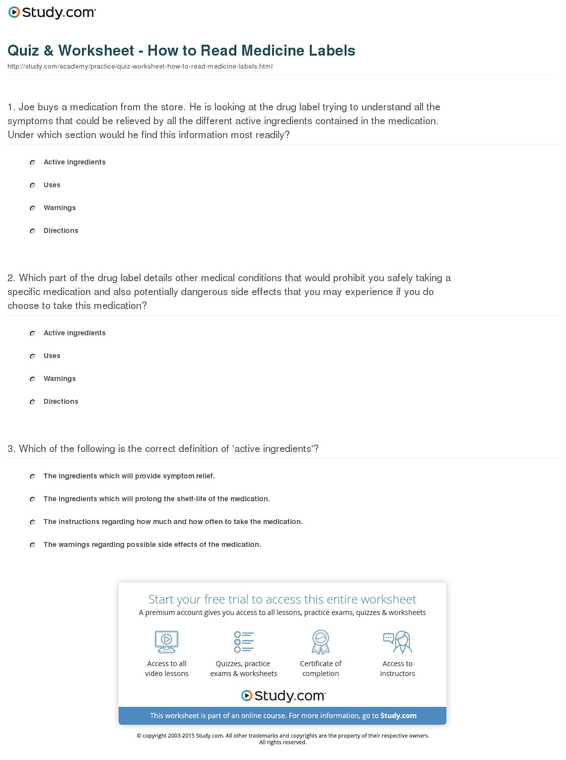 Quiz worksheets
