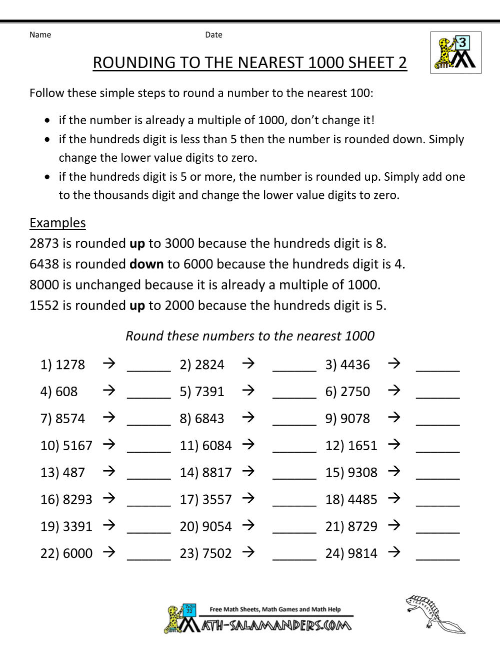 Rounding Worksheet To The Nearest 1000