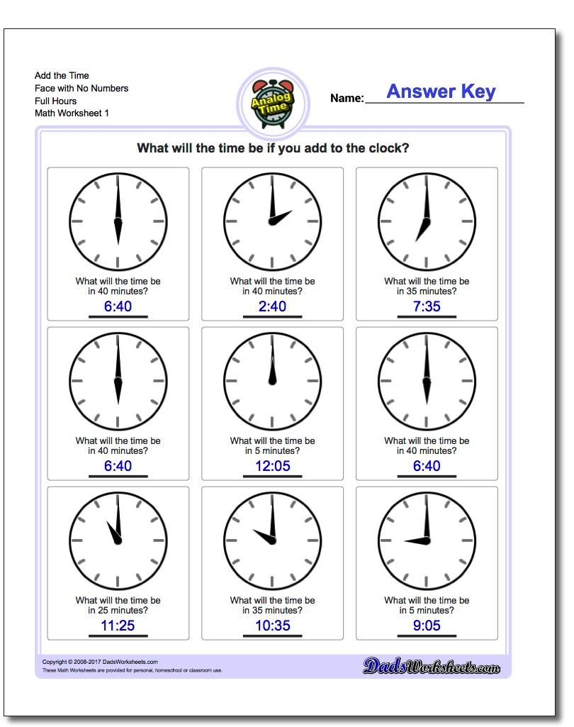 Simple Time Addition Timed Test Worksheets To Full Hours No Numbe