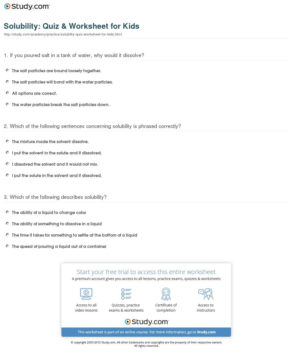 Solubility  Quiz & Worksheet For Kids