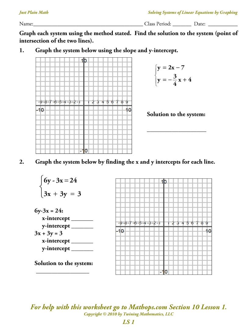 Solving Systems Of Linear Equations Algebraically Worksheet 308873