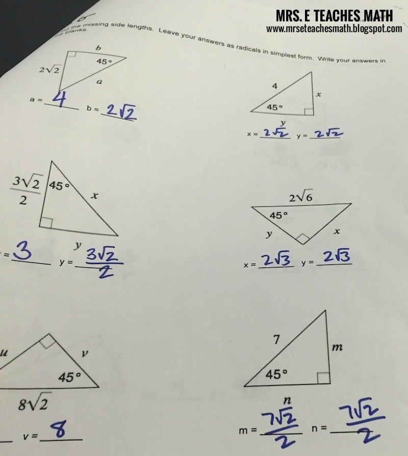 Special Right Triangles Geometry Worksheet Answers 228046