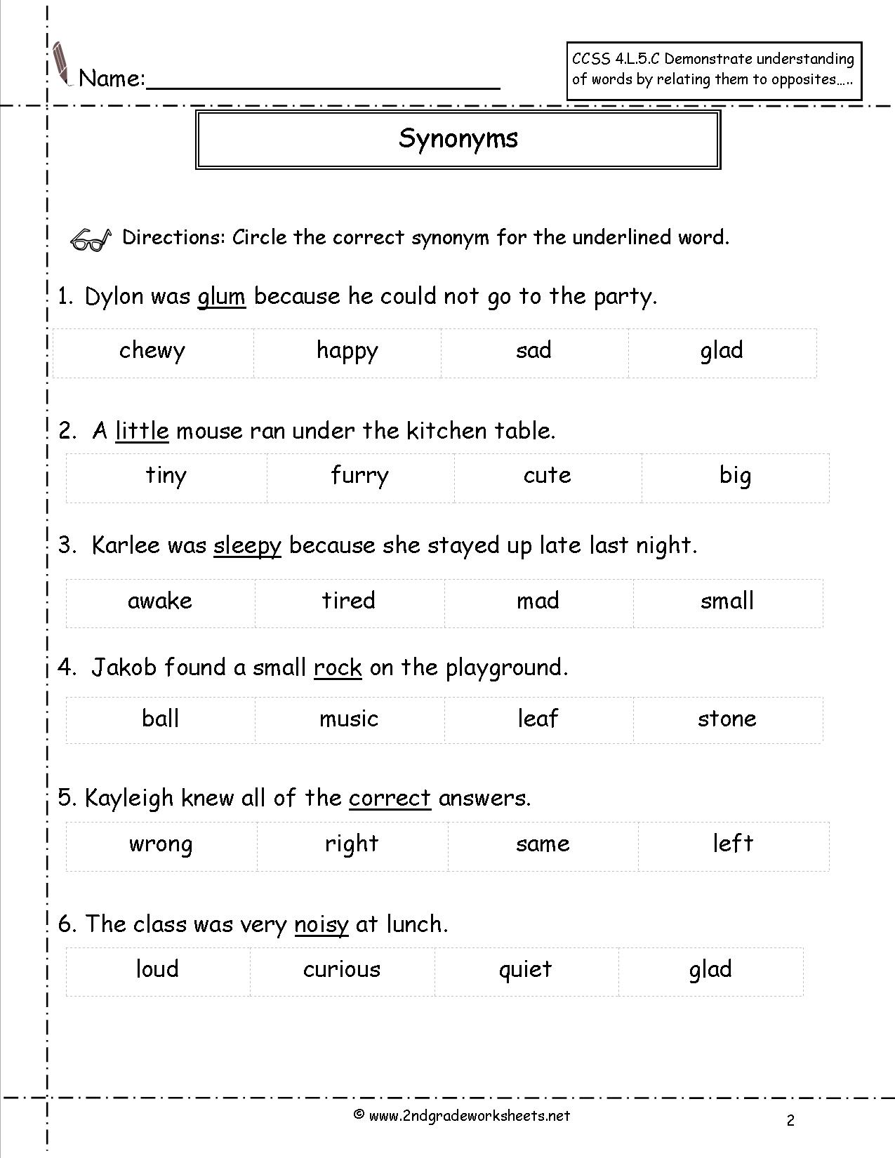 Synonym Worksheet For Grade 2 170315