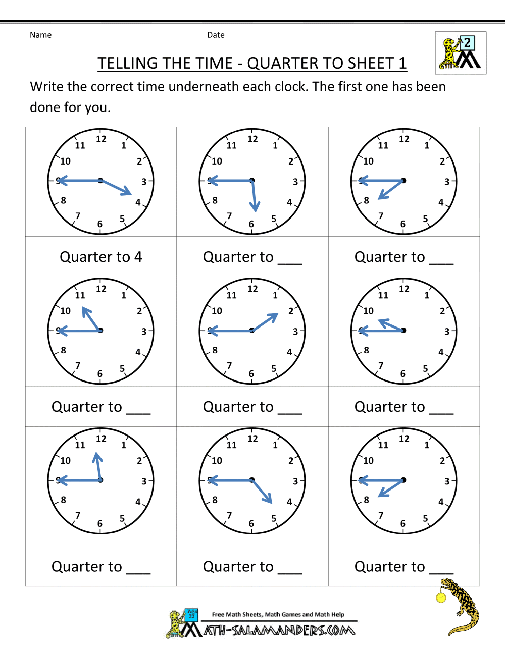 Telling Time Worksheets Telling The Time Quarter To 1